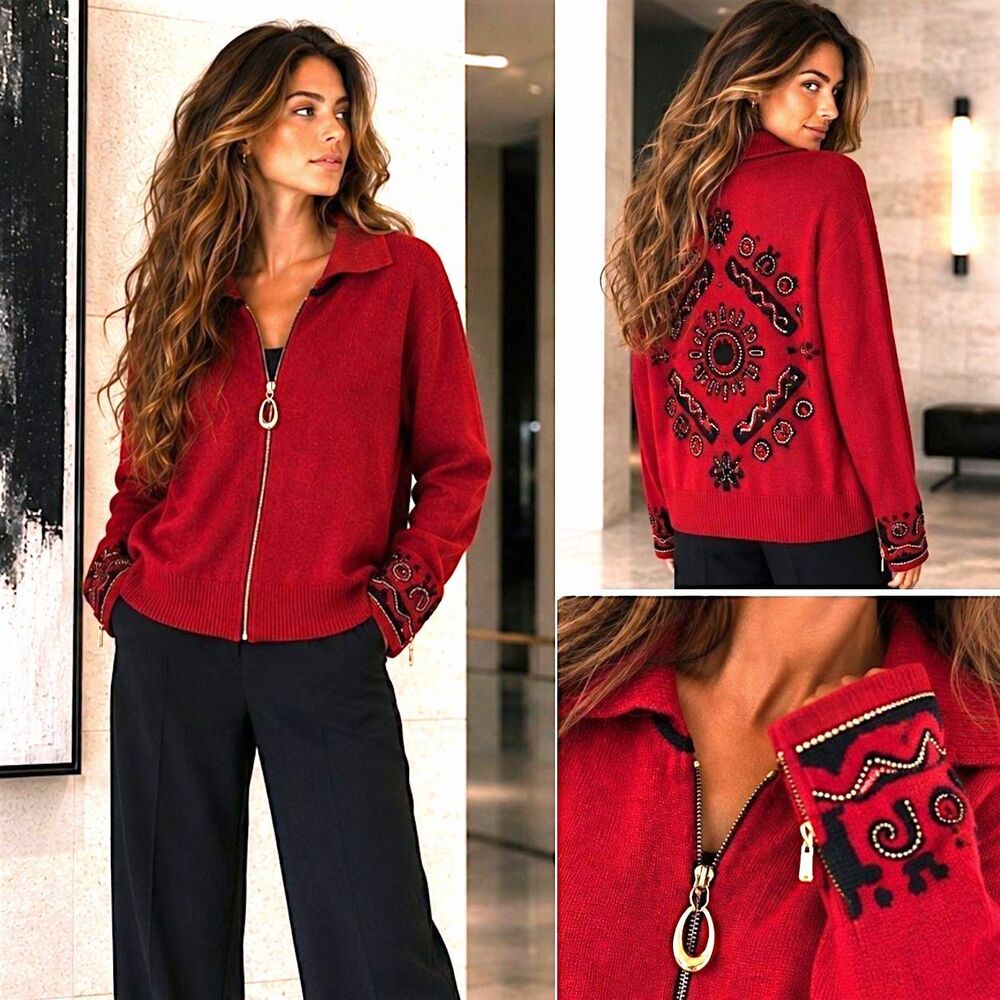 St John Collection M Academia Red Tribal Knit Sweater Zip Cardigan Jacket USA